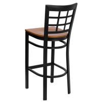 HERCULES Series Black Window Back Metal Restaurant Barstool - Cherry Wood Seat