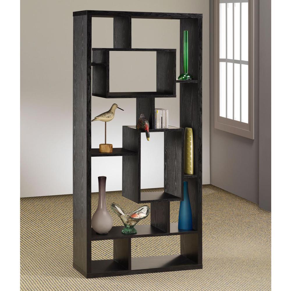 Geometric slim line bookcase with varying boxes creates an interesting display for books and decor itemsTen (10) shelves provide ample display spaceMDF, particle board, and laminate constructionAlso available in white