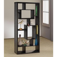 Geometric slim line bookcase with varying boxes creates an interesting display for books and decor itemsTen (10) shelves provide ample display spaceMDF, particle board, and laminate constructionAlso available in white