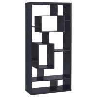 Geometric slim line bookcase with varying boxes creates an interesting display for books and decor itemsTen (10) shelves provide ample display spaceMDF, particle board, and laminate constructionAlso available in white