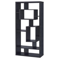 Geometric slim line bookcase with varying boxes creates an interesting display for books and decor itemsTen (10) shelves provide ample display spaceMDF, particle board, and laminate constructionAlso available in white