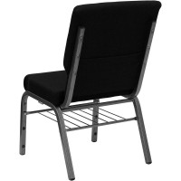 Hercules Series 18.5''W Church Chair In Black Fabric With Book Rack - Silver Vein Frame