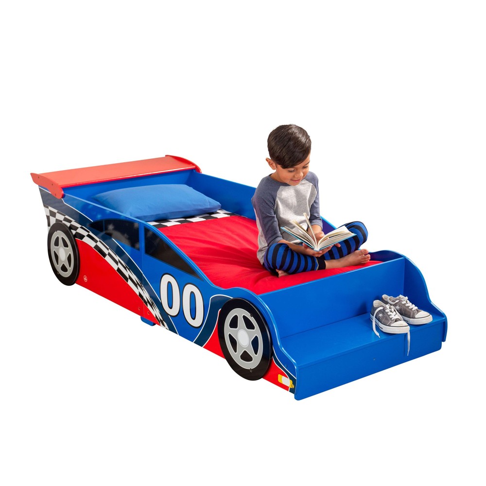 Kidkraft Wooden Racecar Toddler Bed With Built-In Bench & Bed Rails - Red & Blue