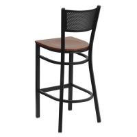 HERCULES Series Black Grid Back Metal Restaurant Barstool - Cherry Wood Seat