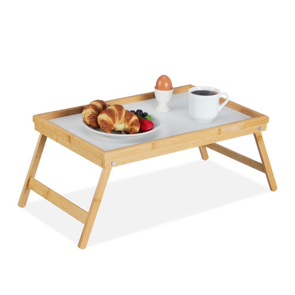 Relaxdays Bamboo Wooden Breakfast In Bed Tray, Serving Tray With Folding Legs W/Plastic Surface, Natural Brown