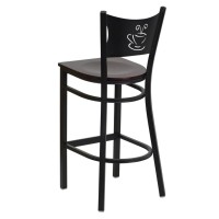 HERCULES Series Black Coffee Back Metal Restaurant Barstool - Mahogany Wood Seat