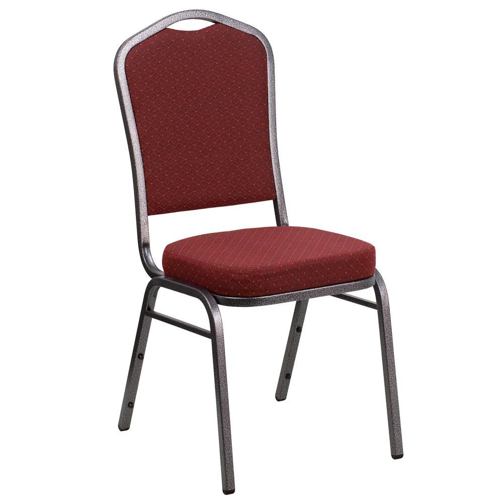 Hercules Series Crown Back Stacking Banquet Chair In Burgundy Patterned Fabric - Silver Vein Frame