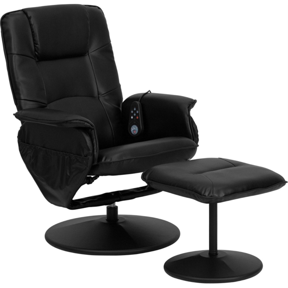 Massaging Adjustable Recliner with Deep Side Pockets and Ottoman with Wrapped Base in Black LeatherSoft