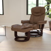 Flash Furniture Allie Contemporary Multi-Position Recliner And Curved Ottoman With Swivel Mahogany Wood Base In Palimino Leathersoft, 44.5