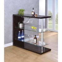 Smaller footprint makes this contemporary bar unit a hitElegant, clear tempered glass shelves provide strengthTwo (2) glass shelves with guardrails and stemware racks add storage and protect the stored itemsSteel, MDF, particle board, and laminate constru