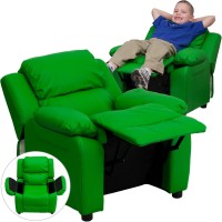 Flash Furniture Charlie Vinyl Kids Recliner With Flip-Up Storage Arms And Safety Recline, Contemporary Reclining Chair For Kids, Supports Up To 90 Lbs., Green