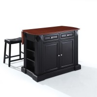 Coventry Drop Leaf Top Kitchen Island WUph Saddle Stools BlackBlack Kitchen Island 2 Counter Height Bar Stools