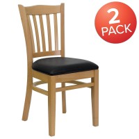 Flash Furniture Hercules Series Vertical Slat Back Natural Wood Restaurant Chair - Black Vinyl Seat