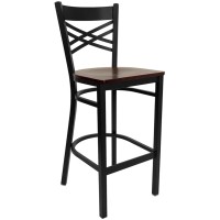 HERCULES Series Black ''X'' Back Metal Restaurant Barstool - Mahogany Wood Seat