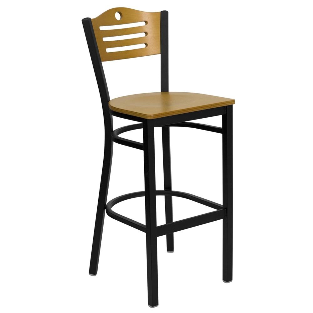 HERCULES Series Black Slat Back Metal Restaurant Barstool - Natural Wood Back & Seat