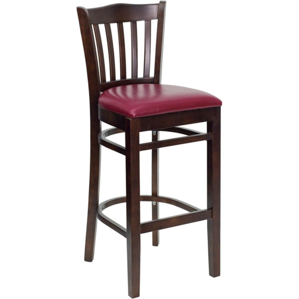 HERCULES Series Vertical Slat Back Walnut Wood Restaurant Barstool - Burgundy Vinyl Seat