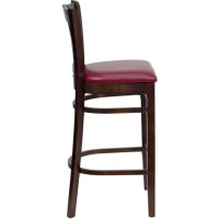 HERCULES Series Vertical Slat Back Walnut Wood Restaurant Barstool - Burgundy Vinyl Seat