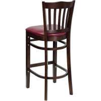 HERCULES Series Vertical Slat Back Walnut Wood Restaurant Barstool - Burgundy Vinyl Seat