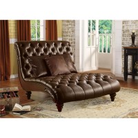 Acme Anondale Tufted Upholstered Faux Leather Chaise With 3 Pillows In Brown