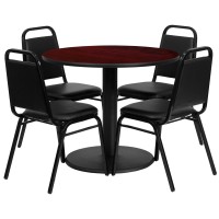 Flash Furniture 36'' Round Mahogany Laminate Table Set With Round Base And 4 Black Trapezoidal Back Banquet Chairs