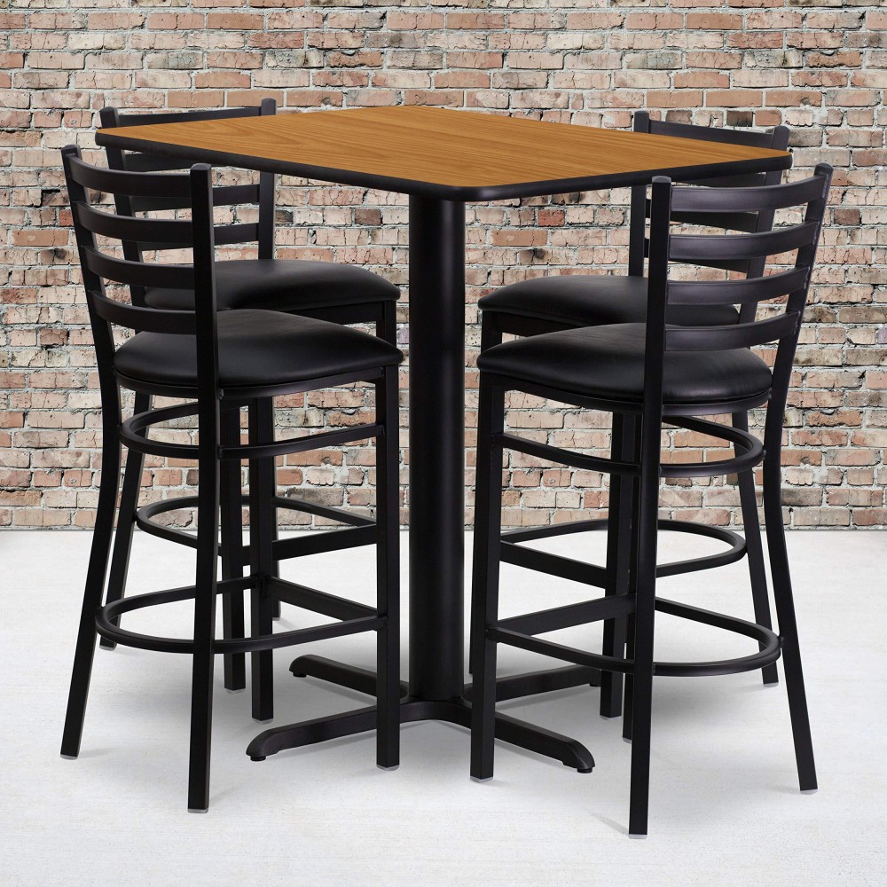 Flash Furniture 24''W X 42''L Rectangular Natural Laminate Table Set With 4 Ladder Back Metal Barstools - Black Vinyl Seat