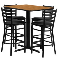 Flash Furniture 24''W X 42''L Rectangular Natural Laminate Table Set With 4 Ladder Back Metal Barstools - Black Vinyl Seat