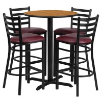 30'' Round Natural Laminate Table Set with X-Base and 4 Ladder Back Metal Barstools - Burgundy Vinyl Seat