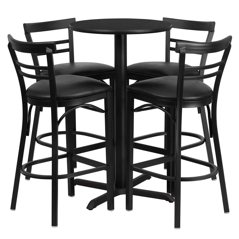 Flash Furniture Carlton 24'' Round Black Laminate Table Set With X-Base And 4 Two-Slat Ladder Back Metal Barstools - Black Vinyl Seat