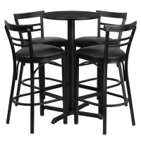 Flash Furniture Carlton 24'' Round Black Laminate Table Set With X-Base And 4 Two-Slat Ladder Back Metal Barstools - Black Vinyl Seat