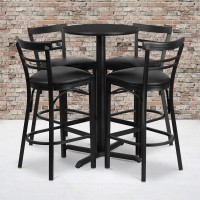 Flash Furniture Carlton 24'' Round Black Laminate Table Set With X-Base And 4 Two-Slat Ladder Back Metal Barstools - Black Vinyl Seat