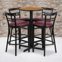 Flash Furniture Carlton 24'' Round Natural Laminate Table Set With X-Base And 4 Two-Slat Ladder Back Metal Barstools - Burgundy Vinyl Seat