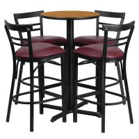 Flash Furniture Carlton 24'' Round Natural Laminate Table Set With X-Base And 4 Two-Slat Ladder Back Metal Barstools - Burgundy Vinyl Seat