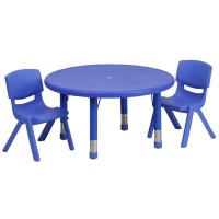 33'' Round Blue Plastic Height Adjustable Activity Table Set With 2 Chairs