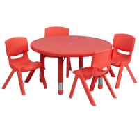 33'' Round Red Plastic Height Adjustable Activity Table Set with 4 Chairs