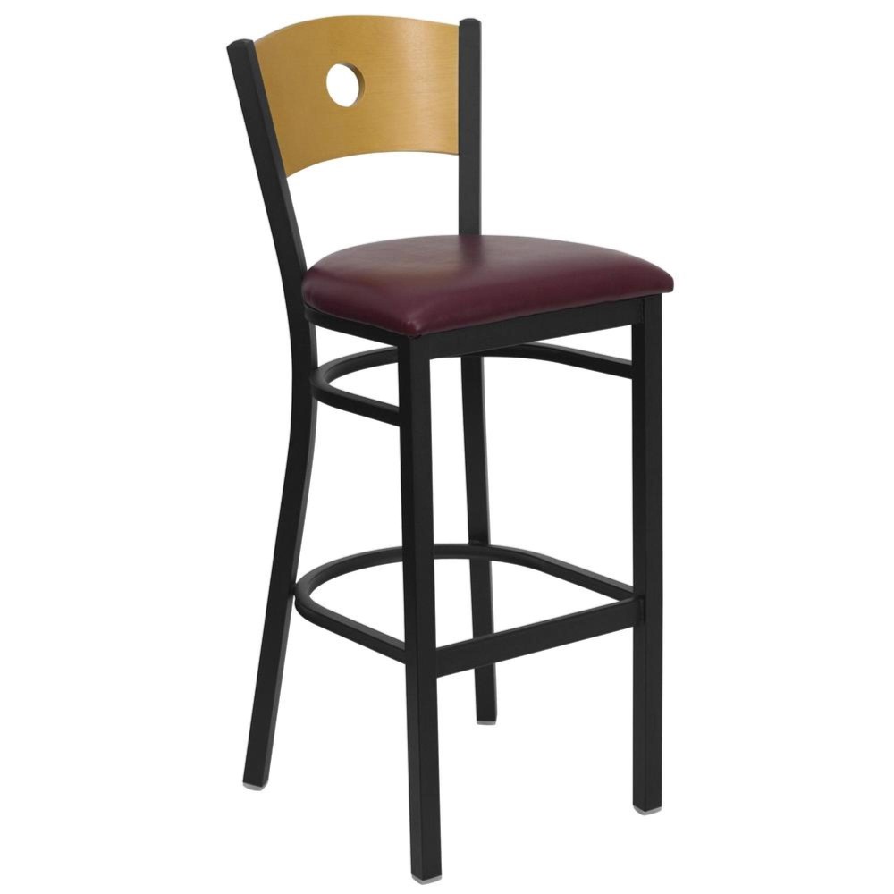 Hercules Series Black Circle Back Metal Restaurant Barstool Natural Wood Back Burgundy Vinyl Seat