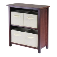 Winsome Verona 2-Section Wooden Walnut Storage Shelf with 4 Foldable Beige Fabric Baskets