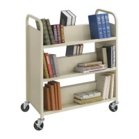 Safco Products Steel Double-Sided Book Cart, 3 Shelves On Each Side, Sand