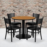 36'' Round Natural Laminate Table Set With 4 Grid Back Metal Chairs - Black Vinyl Seat