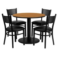 36'' Round Natural Laminate Table Set With 4 Grid Back Metal Chairs - Black Vinyl Seat