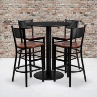 Flash Furniture Clark 36'' Round Black Laminate Table Set With 4 Grid Back Metal Barstools - Cherry Wood Seat