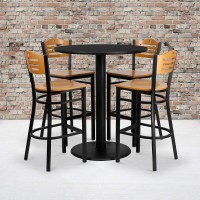 Flash Furniture 36'' Round Black Laminate Table Set With 4 Wood Slat Back Metal Barstools - Natural Wood Seat