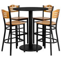 Flash Furniture 36'' Round Black Laminate Table Set With 4 Wood Slat Back Metal Barstools - Natural Wood Seat