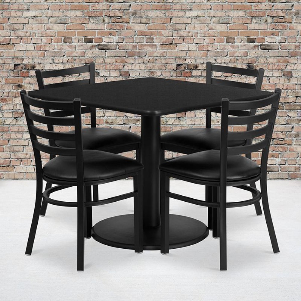 36'' Square Black Laminate Table Set with Round Base and 4 Ladder Back Metal Chairs - Black Vinyl Seat
