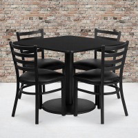 36'' Square Black Laminate Table Set with Round Base and 4 Ladder Back Metal Chairs - Black Vinyl Seat