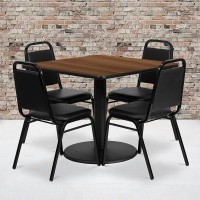 36'' Square Walnut Laminate Table Set with Round Base and 4 Black Trapezoidal Back Banquet Chairs