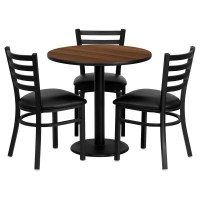 30'' Round Walnut Laminate Table Set with 3 Ladder Back Metal Chairs - Black Vinyl Seat