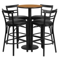 Flash Furniture Jamie 24'' Round Natural Laminate Table Set With Round Base And 4 Two-Slat Ladder Back Metal Barstools - Black Vinyl Seat