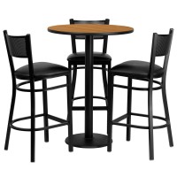 Flash Furniture Clark 30'' Round Natural Laminate Table Set With 3 Grid Back Metal Barstools - Black Vinyl Seat