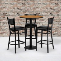 Flash Furniture Clark 30'' Round Natural Laminate Table Set With 3 Grid Back Metal Barstools - Black Vinyl Seat