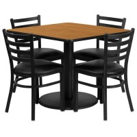36'' Square Natural Laminate Table Set with Round Base and 4 Ladder Back Metal Chairs - Black Vinyl Seat
